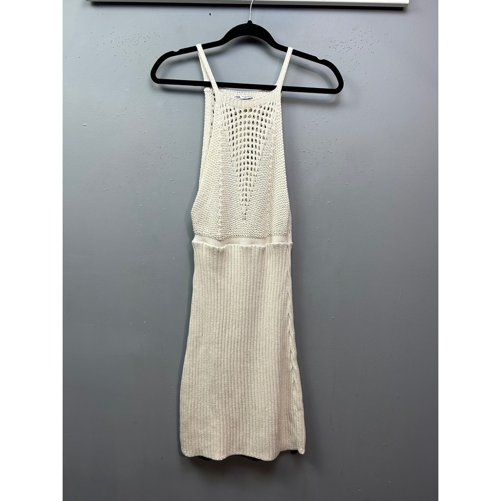 Zara Dress Womens Small Cream Crochet Knit Halter Mini Summer Boho Sleeveless
